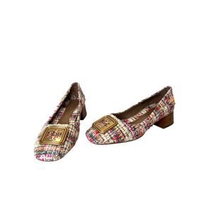 Tory Burch Pink Cream Gold Tweed Wooden Block Heel Georgia Pump Womens 7 US
